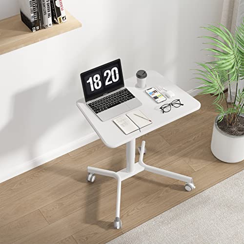 JYLH JOYSEEKER Mobile Standing Desk, 28 inch Height Adjustable Rolling Laptop Desk, Pneumatic Sit Stand Desk with Lockable Wheels, Portable Desk Workstation for Home Office, White