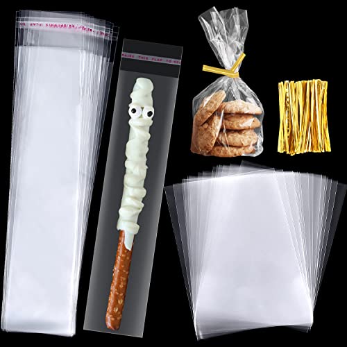 ASTARON 400 Pcs Pretzel Bags with Ties Pretzel Rod Bags Self Adhesive Birthday Party Treat Bags, Pretzels Sticks Individual Bags Clear Cellophane Bags for Cookies Candies