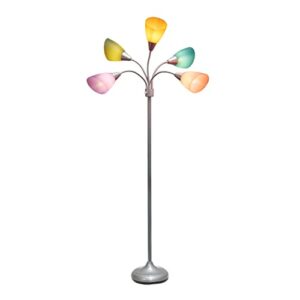 Simple Designs LF2006-SLM 67" Contemporary Multi Head Medusa 5 Light Adjustable Gooseneck Silver Floor Lamp with Fun Light Multicolored Shades for Kids Bedroom Playroom Living Room Office