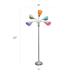 Simple Designs LF2006-SLM 67" Contemporary Multi Head Medusa 5 Light Adjustable Gooseneck Silver Floor Lamp with Fun Light Multicolored Shades for Kids Bedroom Playroom Living Room Office