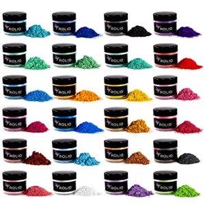 rolio mica powder epoxy resin pigment – art set for resin epoxy – for soap making, nail polish set, lip gloss set, eye shadow, bath bomb, slime & candle jars – 10g, 24 jars