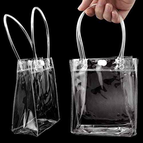 CZWESTC 16 Pcs Clear PVC Gift Bags with Handles, Small Transparent Gift Wrap Bags, Clear Tote Bag, Reusable Shopping Bags with Handle for Merchandise, Retail, Small Business (5.9 x 5.1 Inch)