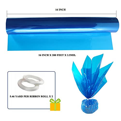 200 ft Blue Cellophane Wrap Roll (16 in x 200 ft x 2.5 Mil)-Colored Cellophane Wrap-Blue Transparent Cellophane for Basket Wrap, Flower, Easter Basket Wrap, Christmas Gift Wrap-Attached with 2 Rolls Ribbon.