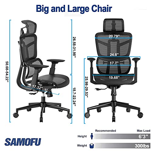 SAMOFU Ergonomic Office Chair, Backrest Height Adjustable Desk Chair,Big and Large Mesh Chair with Adjustable Lumbar Support/Armrest, High Back Computer Chair Executive Chair with Tilt & Lock Function