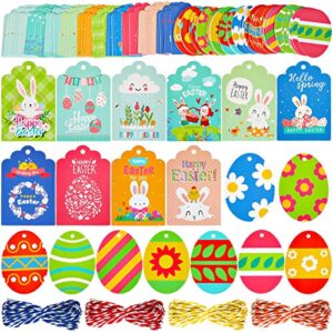 200 pieces easte paper tags easter egg hanging tag happy easter paper tag with 4 rolls hanging twine holiday hanging ornaments for kids to paint diy home decoration, 20 styles