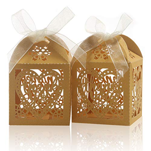 COTOPHER Laser Cut Boxes, 100pcs Thank You Gift Boxes Wedding Party Favor Boxes Lace Candy Boxes for Wedding Bridal Shower Baby Shower Birthday Party Decorations with Ribbons (Gold, 100)