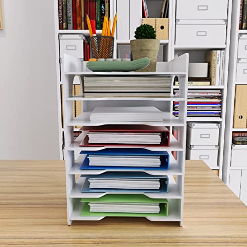 Natwind Office 7 Tiers File Paper Organizer for Desk Desktop White File Holder Office Desk Organizer Mail Letter Tray & Paper Sorter Document Notebooks Storage Rack for Home Office School Classroom