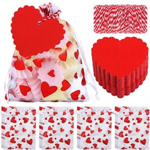 adxco 100 pieces valentines organza bags love heart gift bags organza drawstring bags valentines day gift bags valentine’s day heart organza bags with 100 pieces heart tags, 20 m string