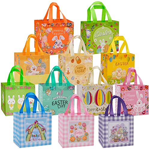 Fayayuan 12PCS Easter Gift Bags Large Reusable Bunny Egg Easter Basket Tote Bags,Non-Woven Easter Treat Bags for Gifts Wrapping, Egg Hunt Game, Easter Party Supplies, 8.3×7.9×5.9inch