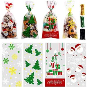 lokipa 200 pcs christmas cellophane treat bags, xmas clear cello gift bags candy goodies bags with twist ties for christmas party supplies