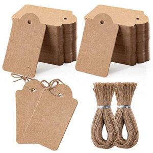 homum 200pcs premium gift tags with 200 root natural jute twine, double-sided available kraft paper price tags, craft tags labels jewelry tags with string for wedding christmas day thanksgiving