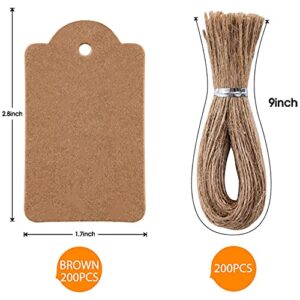 Homum 200pcs Premium Gift Tags with 200 Root Natural Jute Twine, Double-Sided Available Kraft Paper Price Tags, Craft Tags Labels Jewelry Tags with String for Wedding Christmas Day Thanksgiving