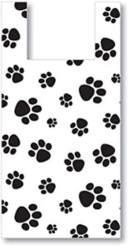 Charm Your Prince CYP 100 White Paw Print Disposable Plastic T Shirt Shopping Gift Bags with Handles - Small - 8 x 5 x 16