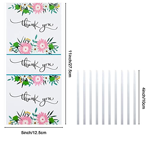 Zonon 100 Pieces Thank You Cellophane Bags Blessing Treat Bags Flower Pattern Cello Treat Party Bags with 150 Pieces Silvery Twist Ties
