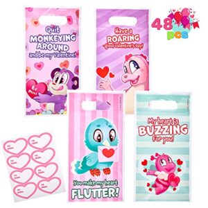 joyin 48 pieces valentines day gift bags valentine goodies bag for kids party favor supplies valentine’s treat bags including to and from stickers