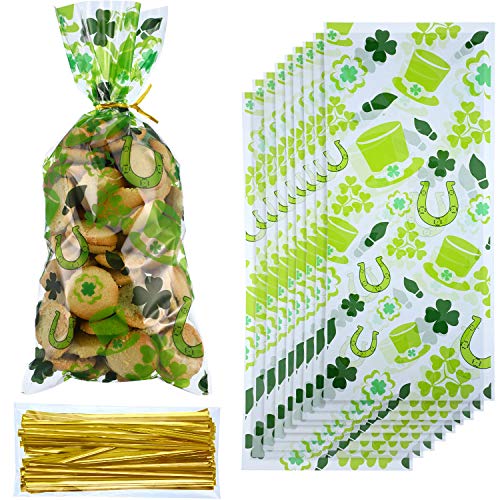 100 Pack St. Patrick Day Candy Cellophane Bag Lucky Shamrock Leprechaun Hat Treat Bag Leprechaun Footprint Lucky Cello Bag Shamrock Goody Bags Grab Bag(Style 4)