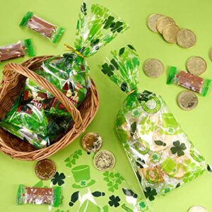 100 Pack St. Patrick Day Candy Cellophane Bag Lucky Shamrock Leprechaun Hat Treat Bag Leprechaun Footprint Lucky Cello Bag Shamrock Goody Bags Grab Bag(Style 4)