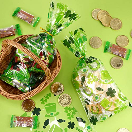 100 Pack St. Patrick Day Candy Cellophane Bag Lucky Shamrock Leprechaun Hat Treat Bag Leprechaun Footprint Lucky Cello Bag Shamrock Goody Bags Grab Bag(Style 4)