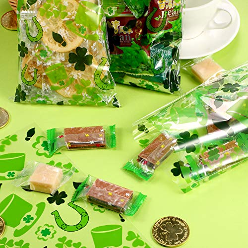 100 Pack St. Patrick Day Candy Cellophane Bag Lucky Shamrock Leprechaun Hat Treat Bag Leprechaun Footprint Lucky Cello Bag Shamrock Goody Bags Grab Bag(Style 4)