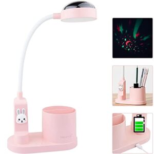 Kids Cute Kawaii Desk Table Lamp, Rechargeable Mini Portable Aesthetic Desk Lamp Desk Light with Star Projection & Pen Holder, Kawaii Desk Accessories for Kids Reading Home, Dorm as Best Gift.