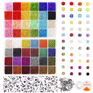 uoony 35000pcs 2mm glass seed beads for jewelry making kit, 250pcs alphabet letter beads, tiny beads set for bracelets making, diy, art and craft with rolls of elastic string cord, charms and rings