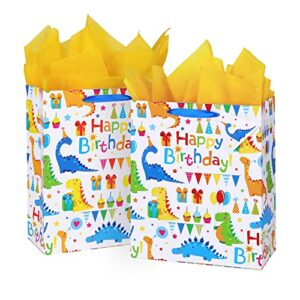 aiikid 2 pack large gift bags with tissue paper 10.2 x 4.3 x 12.6 inch colorful dinosaur birthday gift bag goodie bags for kids