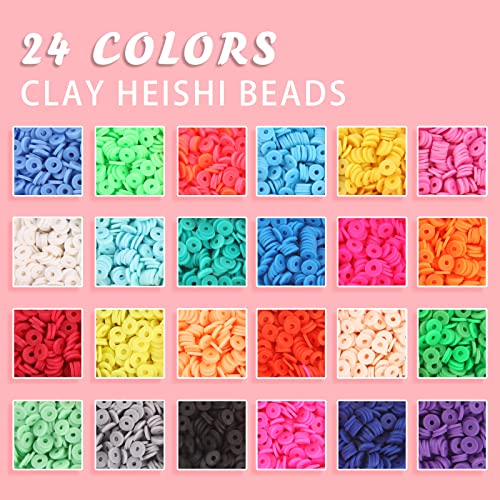 JOJANEAS Clay Beads for Bracelet Making Kits, 24 Colors 7200 Pcs Flat Round Polymer Heishi Beads, A-Z Smiley Letter Beads, Strings for Jewelry Making Kit Bracelets Necklace Gift for Girls 6-12