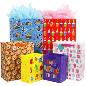 fzopo kids birthday gift bag assortment, heavy duty paper gift bags, red, blue, purple, yellow, brown, pack of 12 small, medium, extra large bags for birthdays, kid party, childrens day