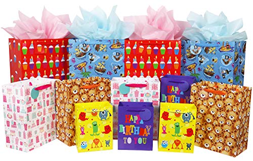 FZOPO Kids Birthday Gift Bag Assortment, Heavy Duty Paper Gift Bags, Red, Blue, Purple, Yellow, Brown, Pack of 12 Small, Medium, Extra Large Bags for Birthdays, Kid Party, Childrens Day