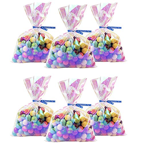 Morepack Easter Iridescent Holographic Cellophane Bags,6x9 Inch 100 Pcs Party Favor Treat Bags with 5 Colors Twist Ties for Baby Showers Weddings Birthday Party