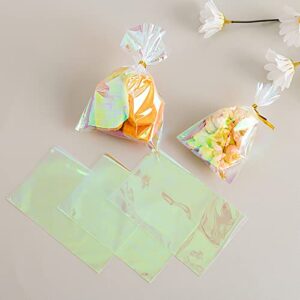 Morepack Easter Iridescent Holographic Cellophane Bags,6x9 Inch 100 Pcs Party Favor Treat Bags with 5 Colors Twist Ties for Baby Showers Weddings Birthday Party