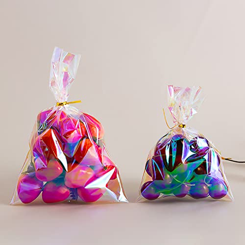 Morepack Easter Iridescent Holographic Cellophane Bags,6x9 Inch 100 Pcs Party Favor Treat Bags with 5 Colors Twist Ties for Baby Showers Weddings Birthday Party