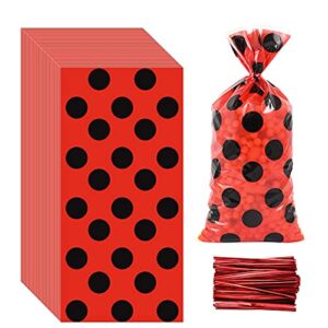lecpeting 100 pcs ladybug treat bags red black polka dots cellophane candy bags goodie storage bags ladybug party favor bags with twist ties for ladybug theme birthday party supplies
