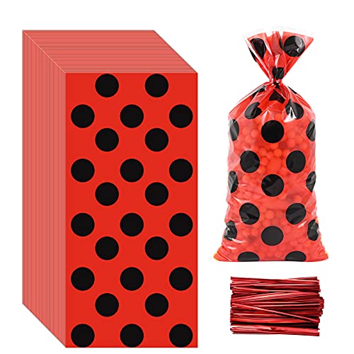 Lecpeting 100 Pcs Ladybug Treat Bags Red Black Polka Dots Cellophane Candy Bags Goodie Storage Bags Ladybug Party Favor Bags with Twist Ties for Ladybug Theme Birthday Party Supplies