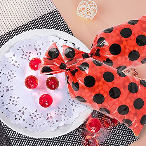 Lecpeting 100 Pcs Ladybug Treat Bags Red Black Polka Dots Cellophane Candy Bags Goodie Storage Bags Ladybug Party Favor Bags with Twist Ties for Ladybug Theme Birthday Party Supplies