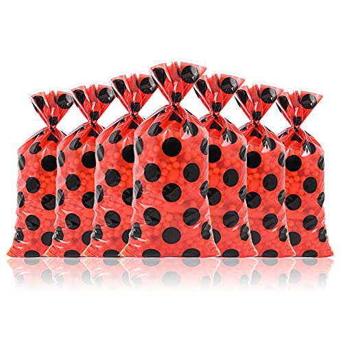 Lecpeting 100 Pcs Ladybug Treat Bags Red Black Polka Dots Cellophane Candy Bags Goodie Storage Bags Ladybug Party Favor Bags with Twist Ties for Ladybug Theme Birthday Party Supplies