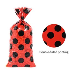 Lecpeting 100 Pcs Ladybug Treat Bags Red Black Polka Dots Cellophane Candy Bags Goodie Storage Bags Ladybug Party Favor Bags with Twist Ties for Ladybug Theme Birthday Party Supplies