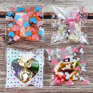 400PCS Valentine Cellophane Bags Love Heart Printed Self Adhesive Cookie Treat Bags Gift Bags for Valentine's Day Party Supplies 4 Styles Valentine's Day Mother's Day