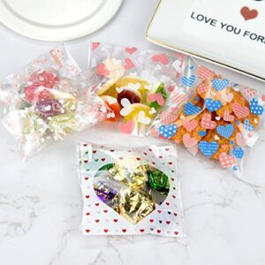 400PCS Valentine Cellophane Bags Love Heart Printed Self Adhesive Cookie Treat Bags Gift Bags for Valentine's Day Party Supplies 4 Styles Valentine's Day Mother's Day