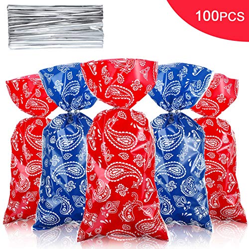 Sumind 100 Pieces Plastic Candy Bags Red Blue Western Party Treat Bags, Bandana Cellophane Goodie Favor Bags with 100 Silver Twist Ties for Kids Western Cowboy Birthday Party Supplies