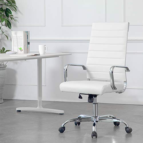 LANDSUN Home Office Chair Ribbed Leather High Back Executive Swivel Computer Desk Chairs with Wheels and Armrests Soft Padded Adjustable Height Modern Conference Chrome White
