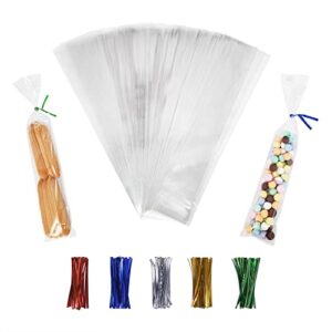 100pcs cellophane bags 2×10 inches, clear treat bags with 4’’ twist ties, plastic cello bags – 1.4 mils thick opp rice crispy bags for gift goodie favor candy cake pop birthday party cookies (2’’ x 10’’)