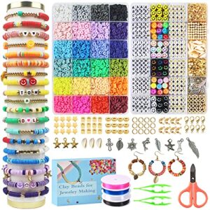 redtwo 7200 pcs clay beads bracelet making kit, preppy friendship flat polymer heishi beads jewelry making kits with charms and elastic strings,crafts gifts set for girls ages 8-12(2 boxes)