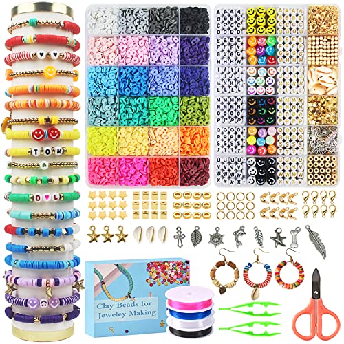 Redtwo 7200 Pcs Clay Beads Bracelet Making Kit, Preppy Friendship Flat Polymer Heishi Beads Jewelry Making Kits with Charms and Elastic Strings,Crafts Gifts Set for Girls Ages 8-12(2 Boxes)