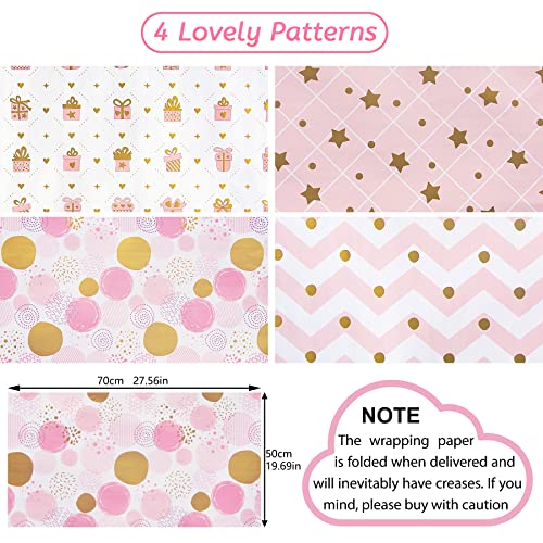 Larcenciel Gift Wrapping Paper, Birthday Wrapping Paper for Girl, Metallic Gold Foil Wrapping Paper, Pink Gift Wrap for Birthday, Valentines Day, Christmas, Wedding, Baby Shower,4 Sheets 27.5x19.6inch