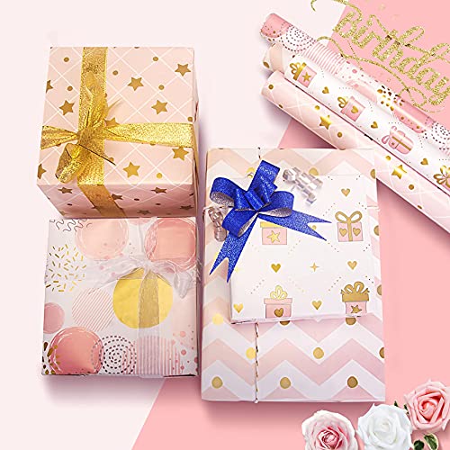 Larcenciel Gift Wrapping Paper, Birthday Wrapping Paper for Girl, Metallic Gold Foil Wrapping Paper, Pink Gift Wrap for Birthday, Valentines Day, Christmas, Wedding, Baby Shower,4 Sheets 27.5x19.6inch