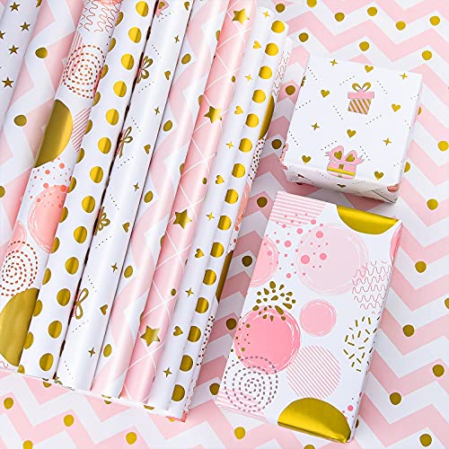 PLULON 6 Sheets Gold and Pink Birthday Gift Wrapping Paper, Gold Pink Gift Wrap Paper for Wedding, Birthdays, Hen Party, Baby Shower Decorations