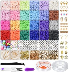 gionlion 6000 pcs clay beads for bracelet making, 24 colors flat round polymer clay beads 6mm spacer heishi beads with pendant charms kit and elastic strings for jewelry making kit bracelets necklace