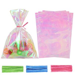 sainyarh 120pcs cellophane treat bags, iridescent holographic cellophane bags, 6×9 inch iridescent holographic cellophane goodie bags, iridescent cellophane party favor treat bags candy cookie bags