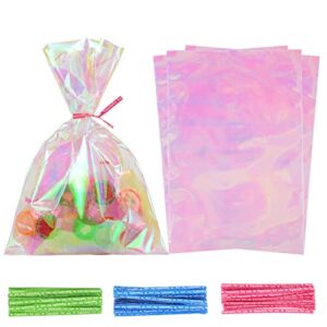 Sainyarh 120pcs Cellophane Treat Bags, Iridescent Holographic Cellophane Bags, 6x9 inch Iridescent Holographic Cellophane Goodie Bags, Iridescent Cellophane Party Favor Treat Bags Candy Cookie Bags